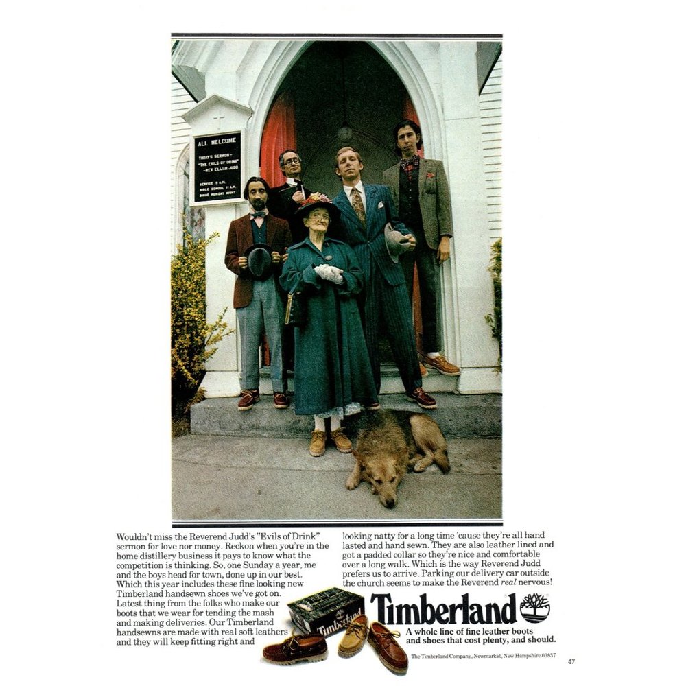 1979 Timberland Leather Boots Vintage Print Ad Church Building Family Wall Art